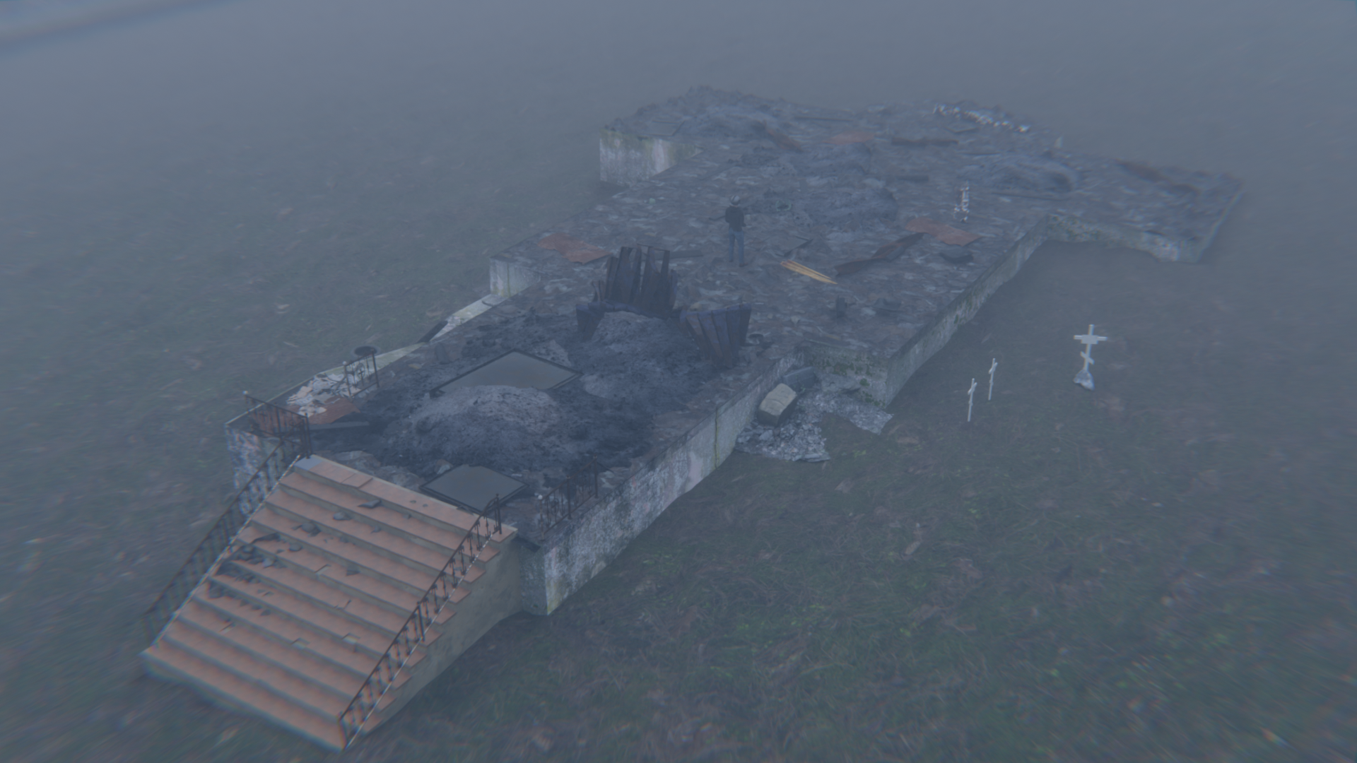 Final film still of the reconstructed church