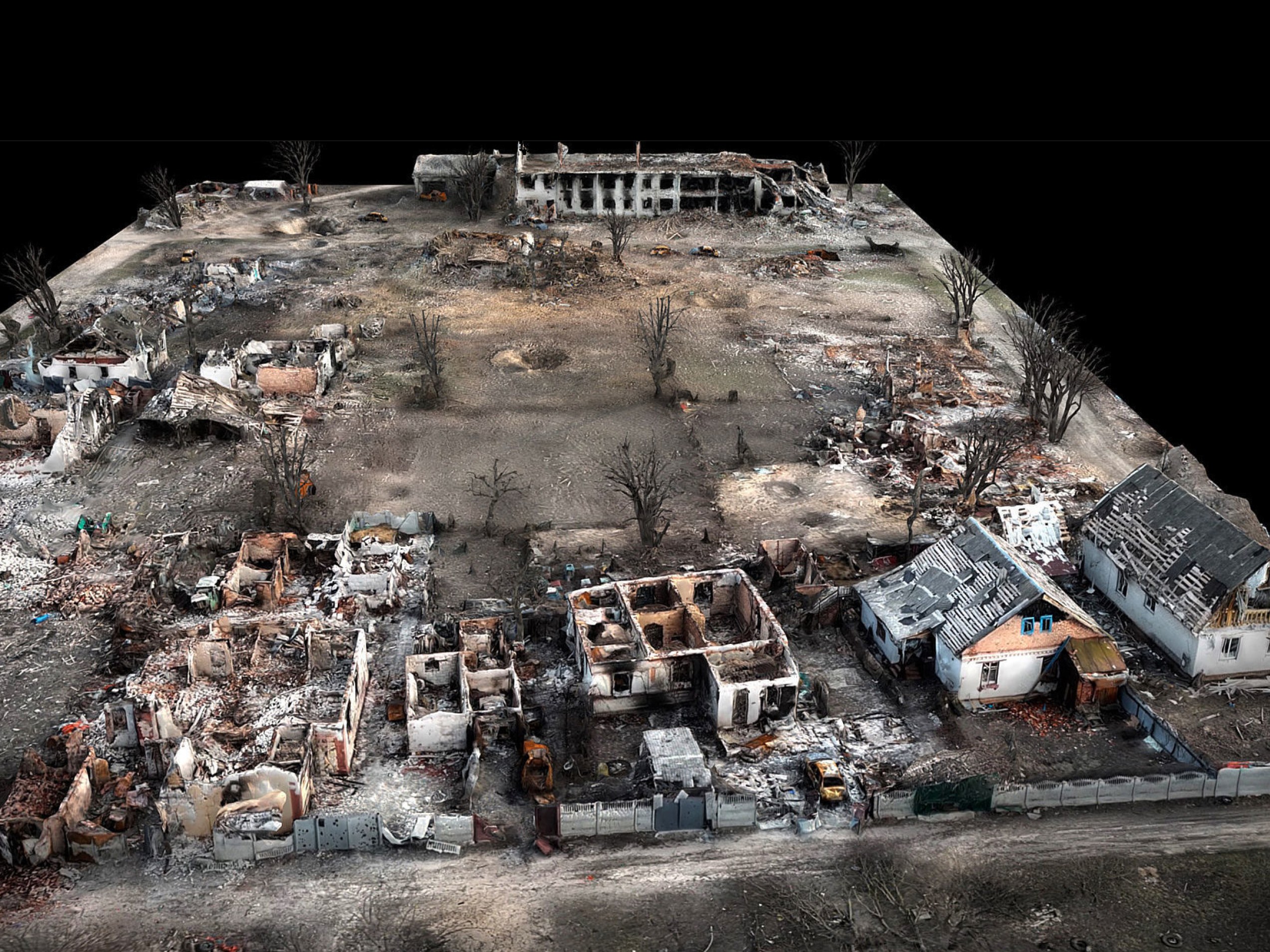 3D drone scan of a ruined Ukrainian village, used in the film as the set for Kamyanka